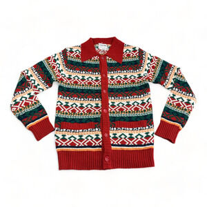 Vintage Cardigan Sweater Adult SMALL Red Orange Green 70s Fair Isle Aztec Funky